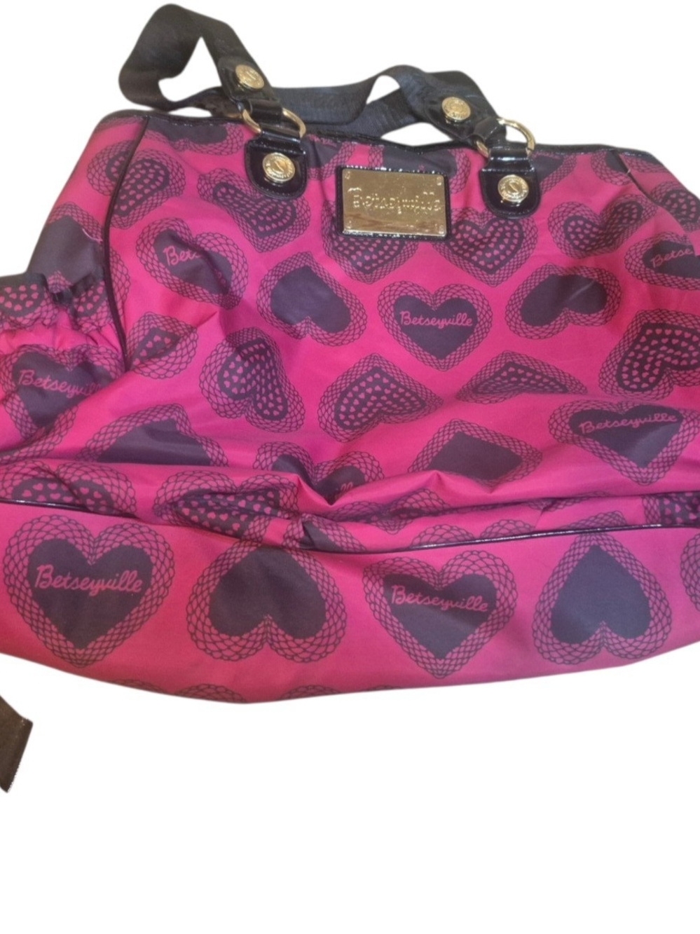 Betsey Johnson Pink Heart-Print Tote with Black Straps & Gold Hardware